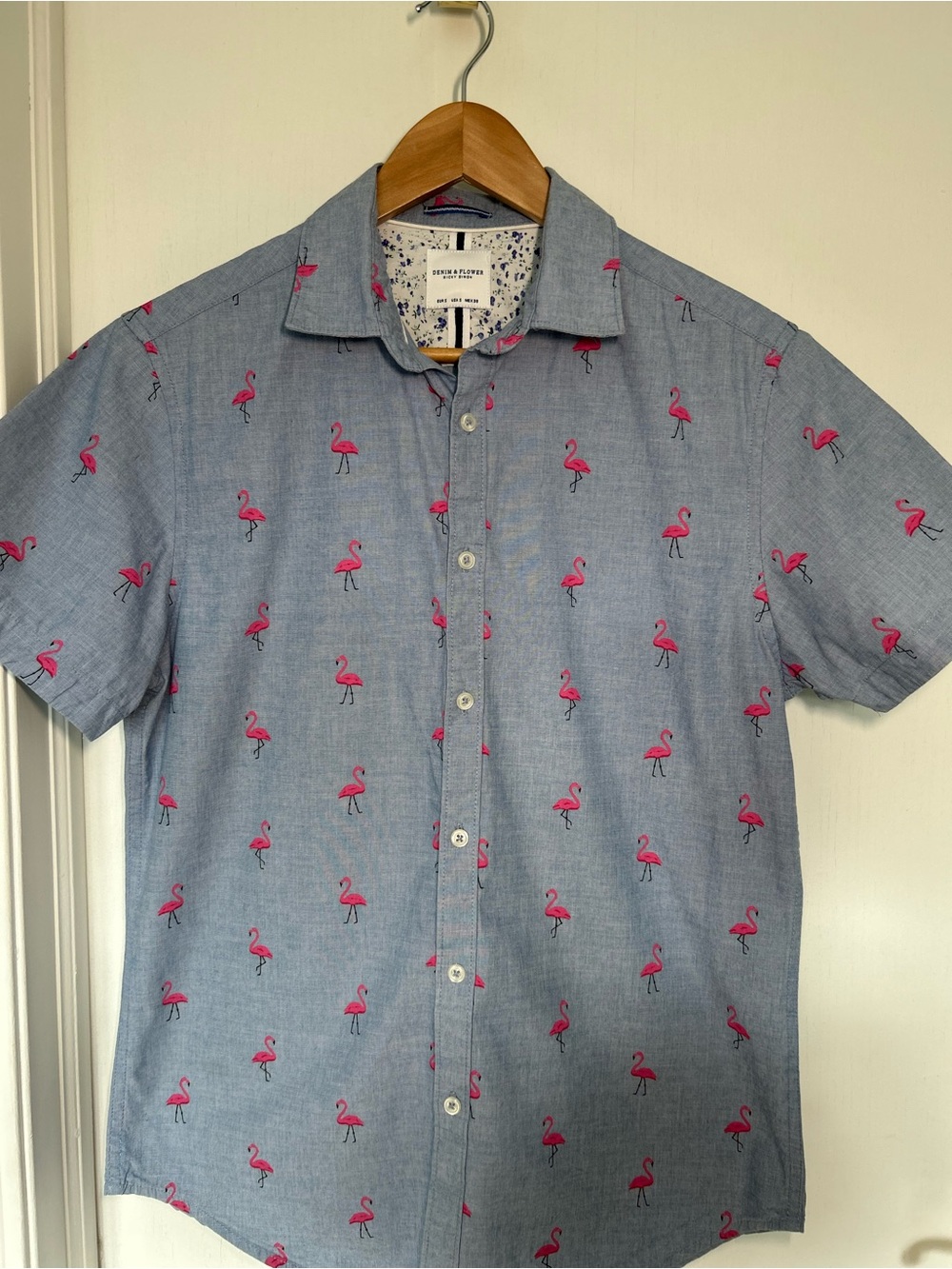 Ricky Singh Mens Light Blue Shirt with Pink Flamingo Print